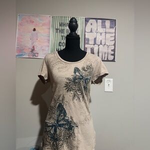 Y2K Sonoma Beige and Blue Butterfly Print Women's Tee